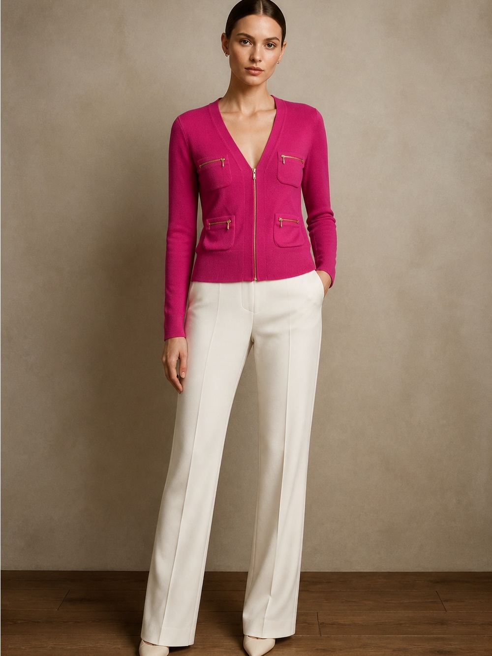 Ann Taylor Hot Pink Zip-Front Cardigan with Pocket Zips